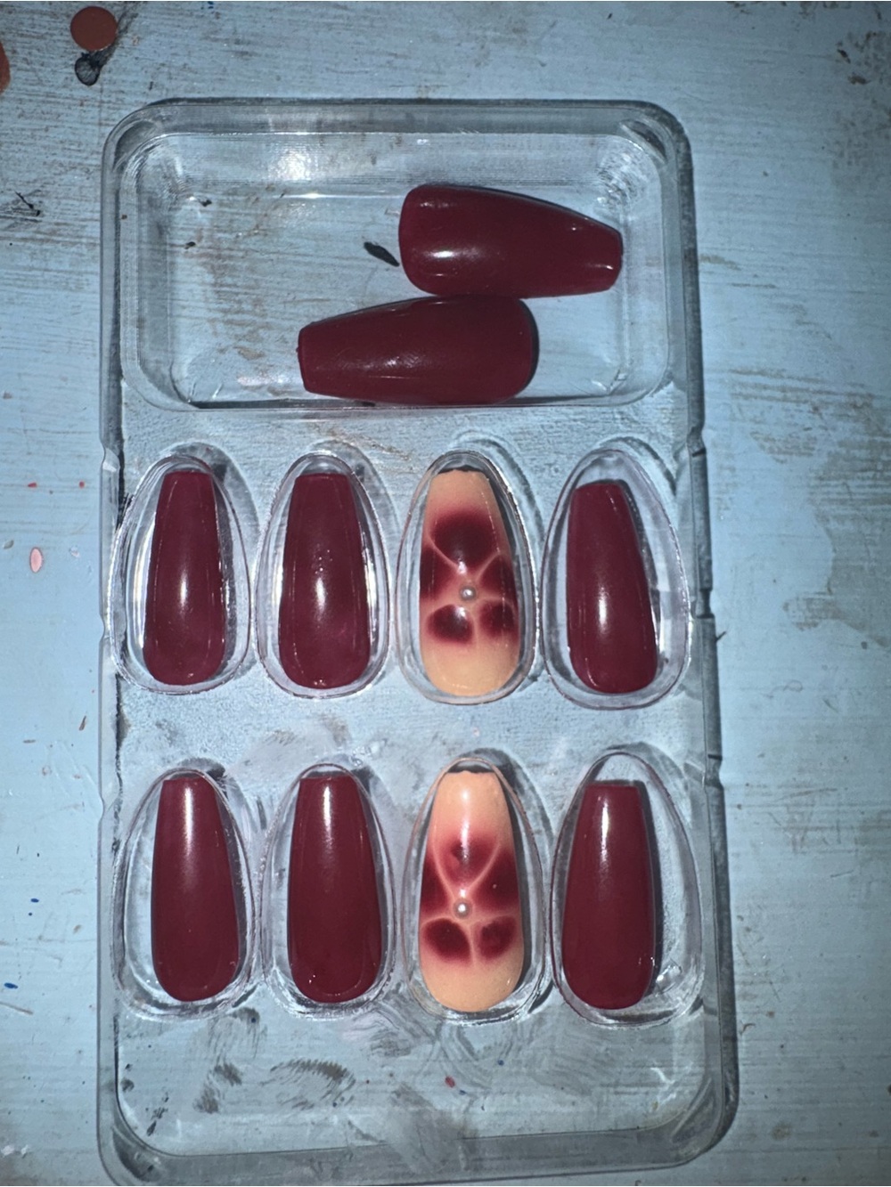Deep Wine Red Press-On Nail Set with Accent Marble Nails